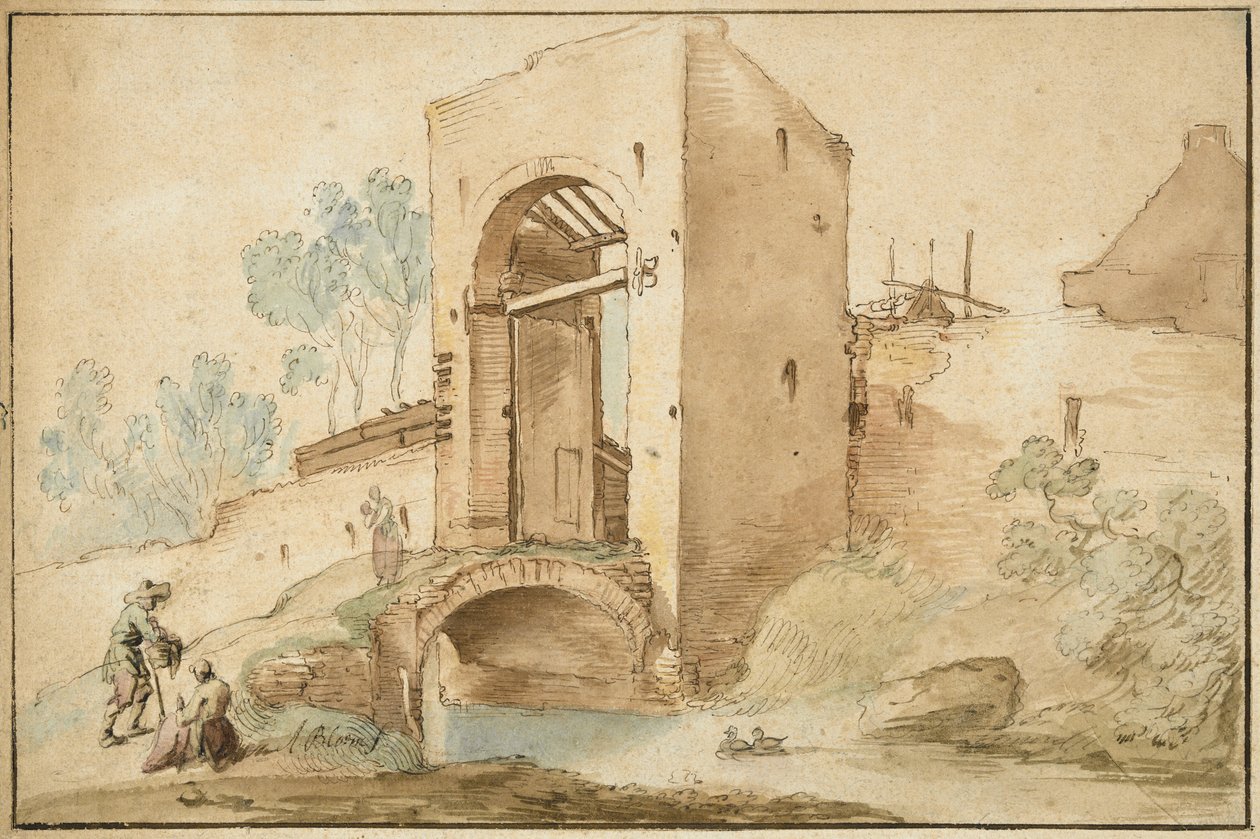 Porten till en stad, c. 1630 (penna & brunt bläck förhöjt med wc på lagt papper) av Abraham Bloemaert