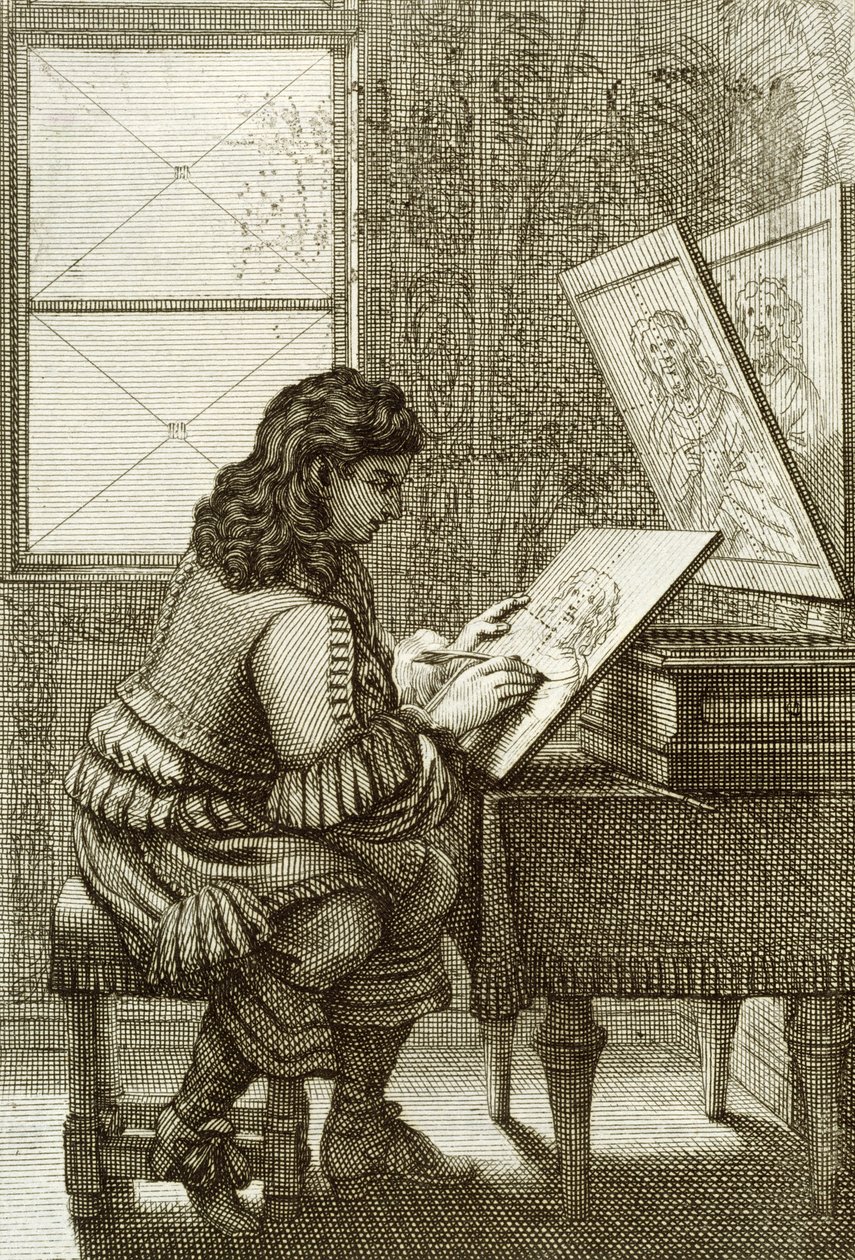 En konstnär kopierar på en gravyrplatta, tryckt 1737 av Abraham Bosse