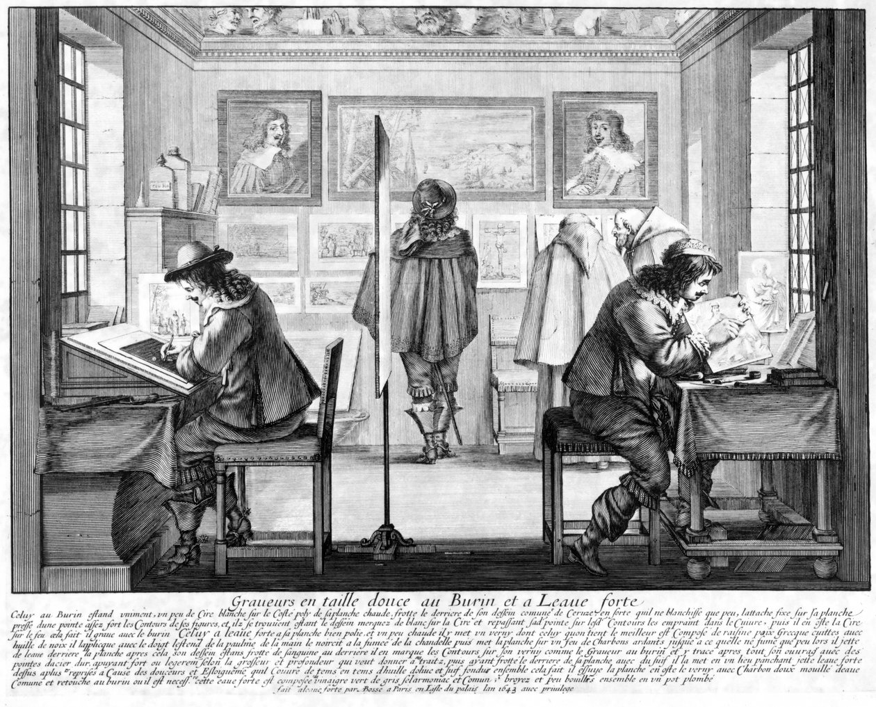 Plåtgravörer arbetar med galleri bakom, 1643 av Abraham Bosse