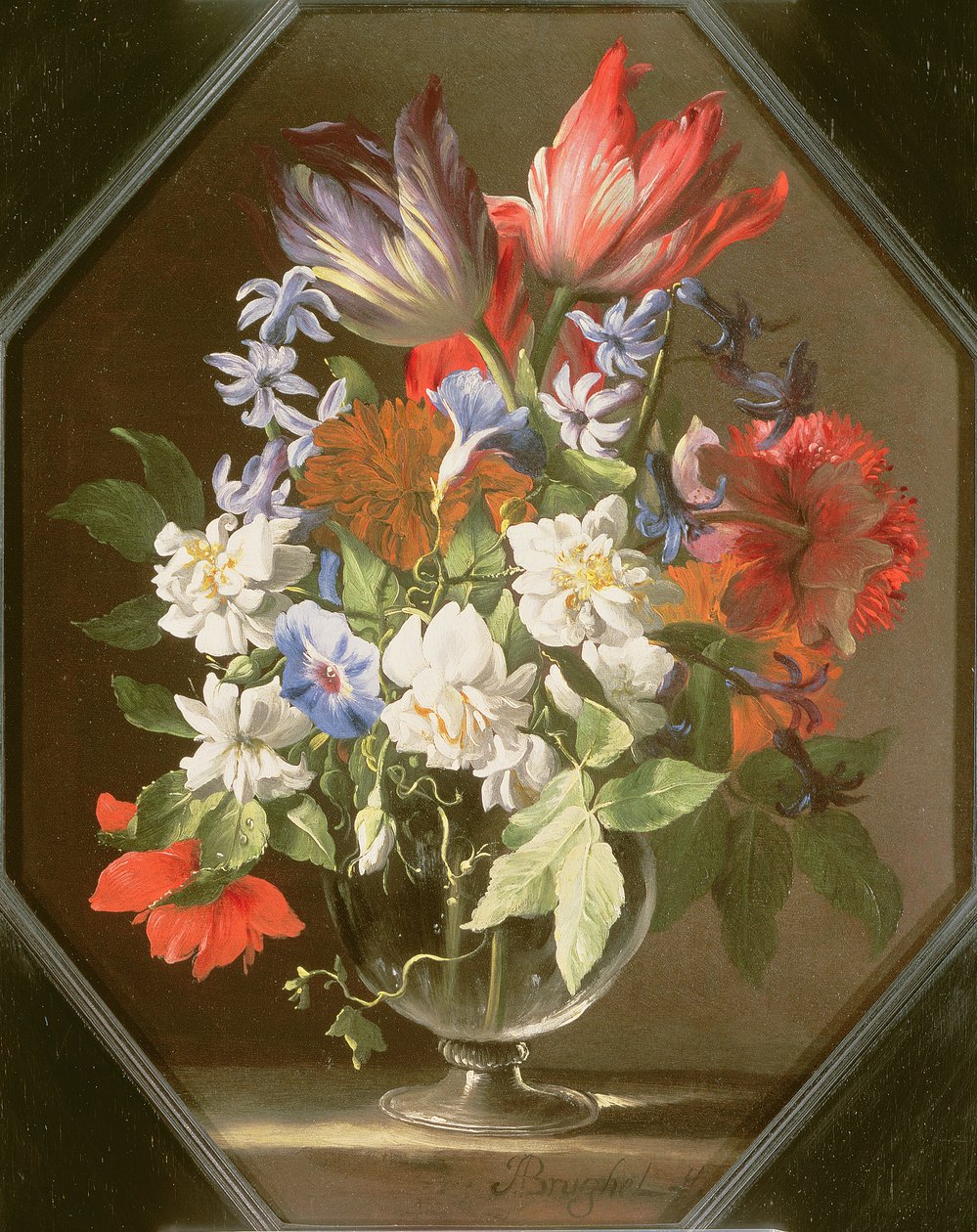 En vas med blommor på en stenkant som innehåller tulpaner, krysantemum, dahlior och narcisser, 1600-talet av Abraham Brueghel