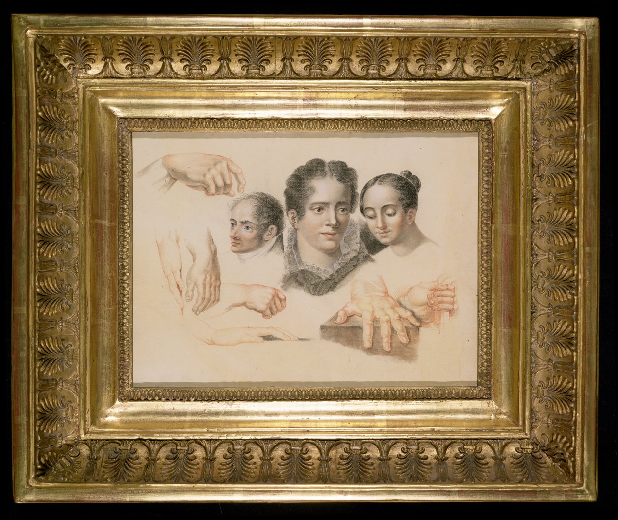 Studier av kvinnliga och manliga huvuden och händer, 1815 (röd och svart krita på papper) av Abraham Constantin