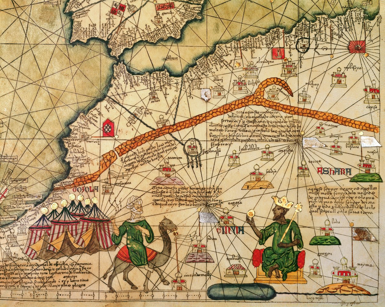Detalj av kopia av en katalansk karta över Europa och Nordafrika, presenterad för Charles V av Frankrike 1381 av Abraham Cresques