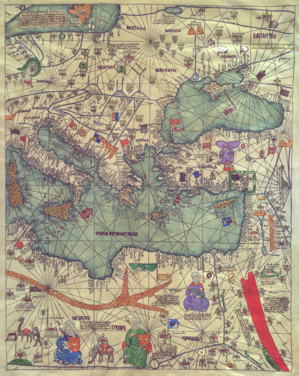 Map of eastern Europe, view from the south. Catalan Atlas av Abraham Cresques