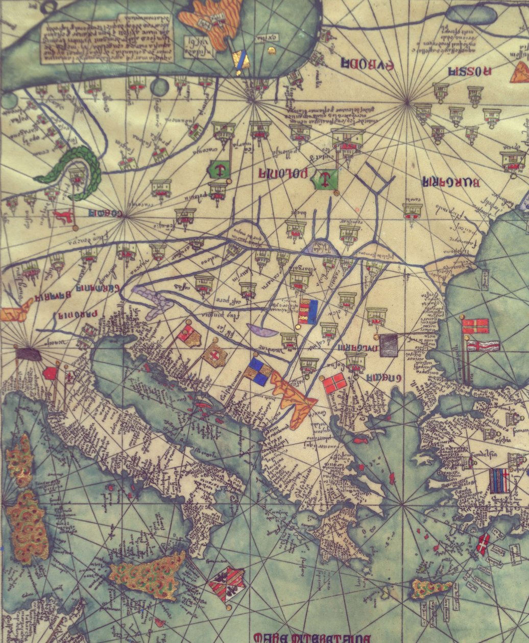 Karta över Östeuropa, vy från söder. Katalansk atlas. av Abraham Cresques
