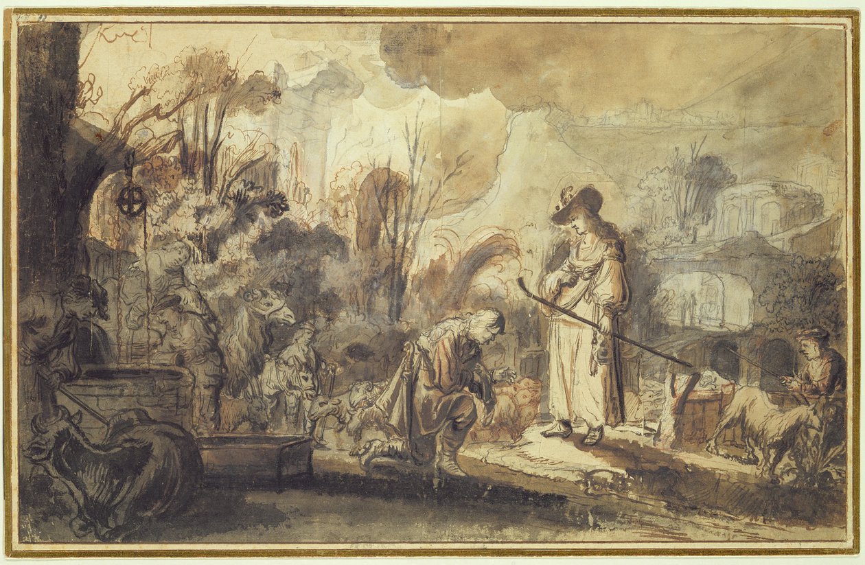 Eliezer och Rebecca vid brunnen (penna och bläck tvättas över penna och röd krita på papper) av Abraham Furnerius