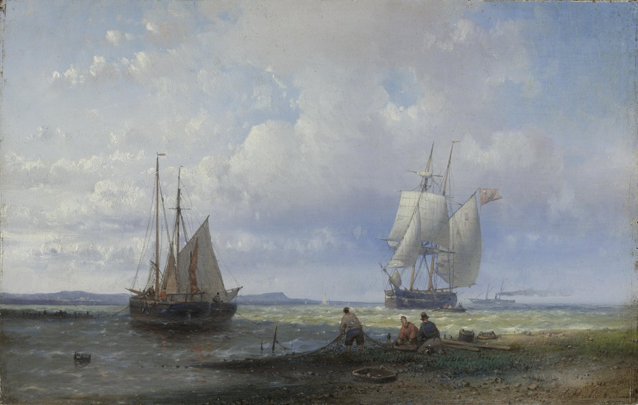 Fishermen mending their nets on the beach av Abraham Hulk