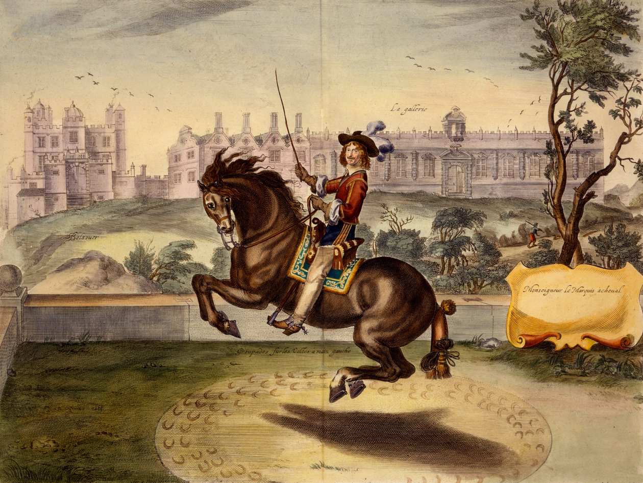 Cavendish utför volte, med Bolsover Castle och dess Manege-block i bakgrunden, från The Method and New Invention of Dressing Horses av William Cavendish, publicerad 1737 (2nd edn) (akvatint) av Abraham van Diepenbeeck