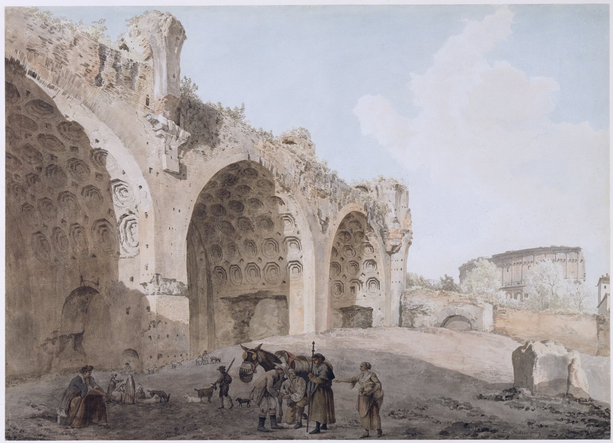 Utsikt i Forum Romanum (Fredens tempel) 1779 (wc med penna och bläck över penna på papper) av Abraham Louis Rudolph Ducros