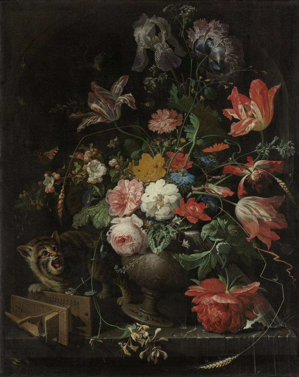 Blomma stilleben med katt- och musfälla av Abraham Mignon