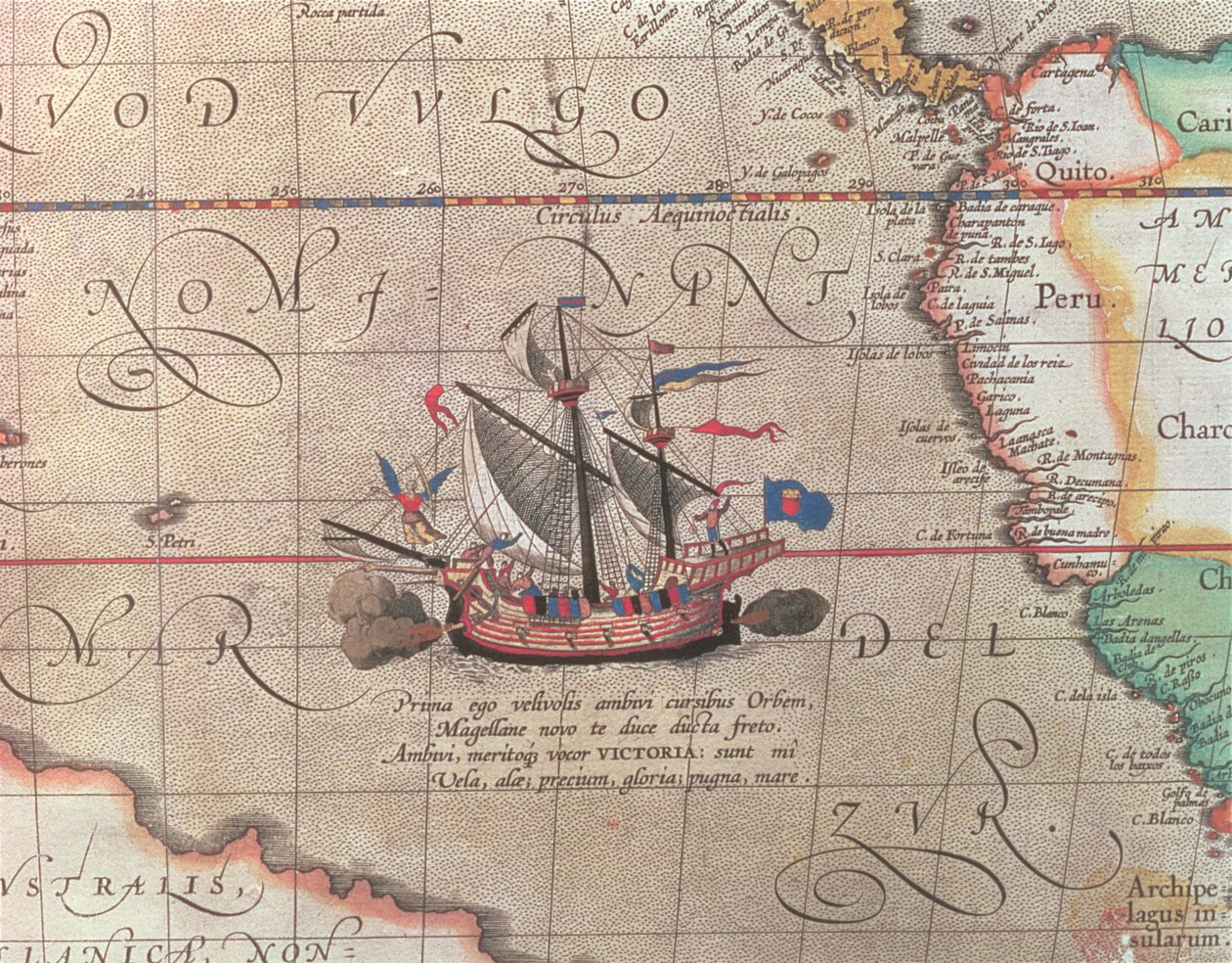 Ett segelfartyg som avfyrar sina kanoner, detalj från en karta över Stilla havet, Kina och Amerika, 1599 (se även 18634) av Abraham Ortelius
