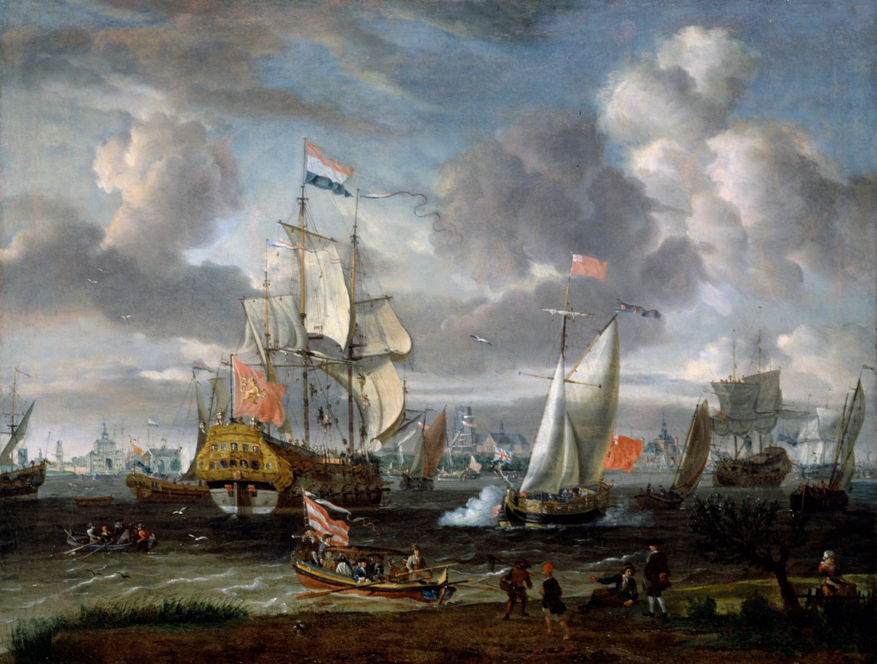 En engelsk yacht saluterar en nederländsk krigsman i Rotterdams hamn. av Abraham Storck