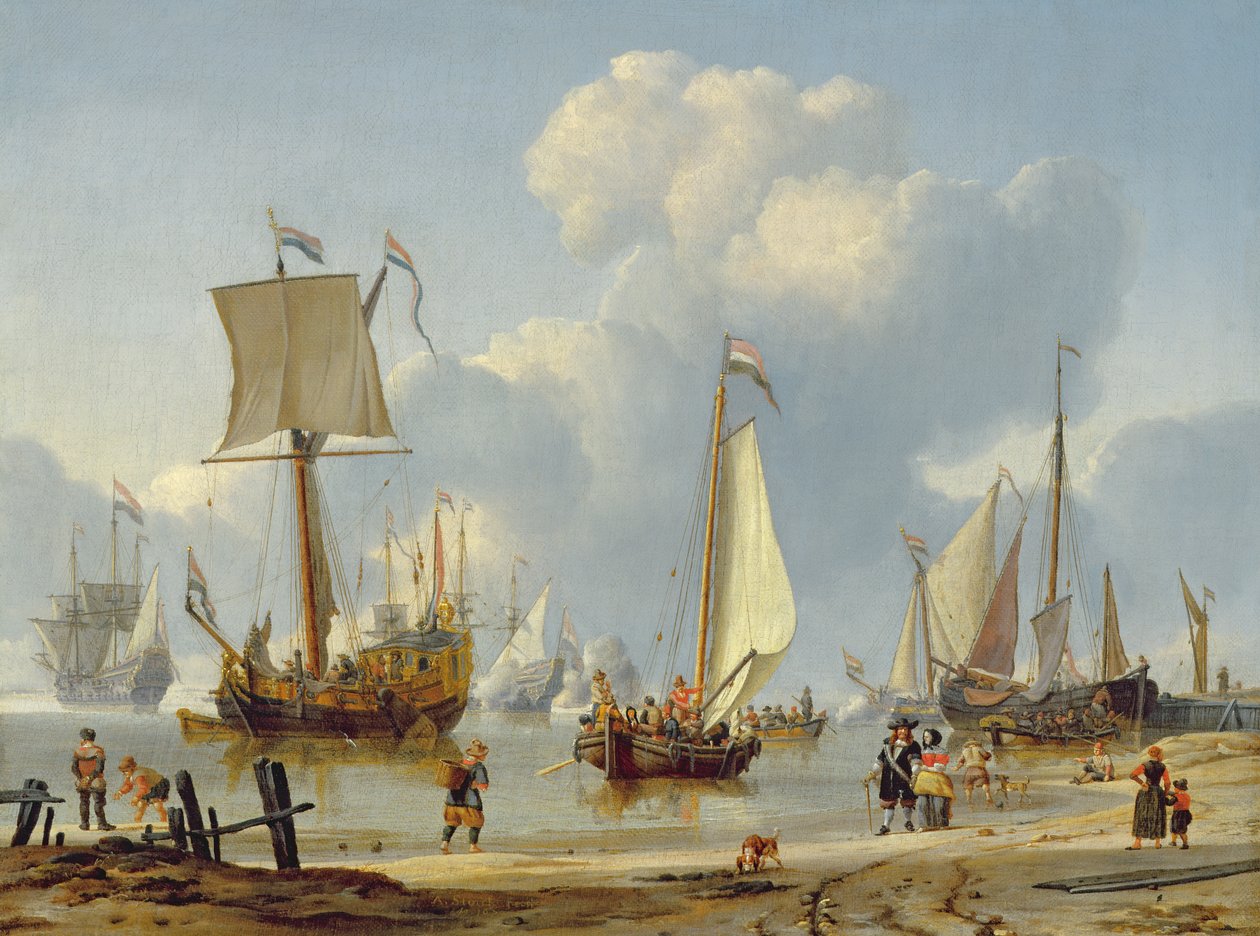 Skepp i lugnt vatten med figurer vid stranden av Abraham Storck