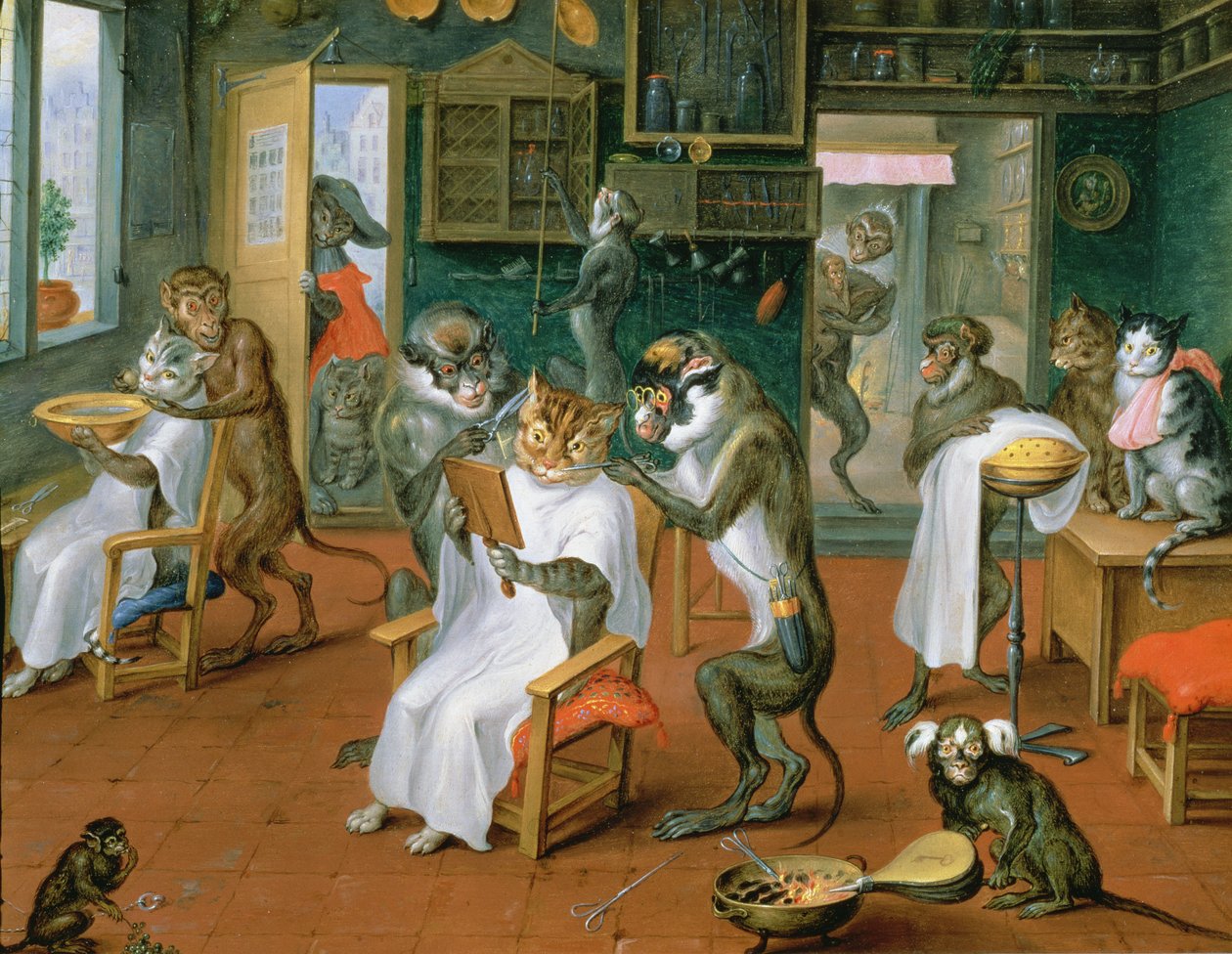Frisörsalong med apor och katter (olja på koppar) av Abraham Teniers