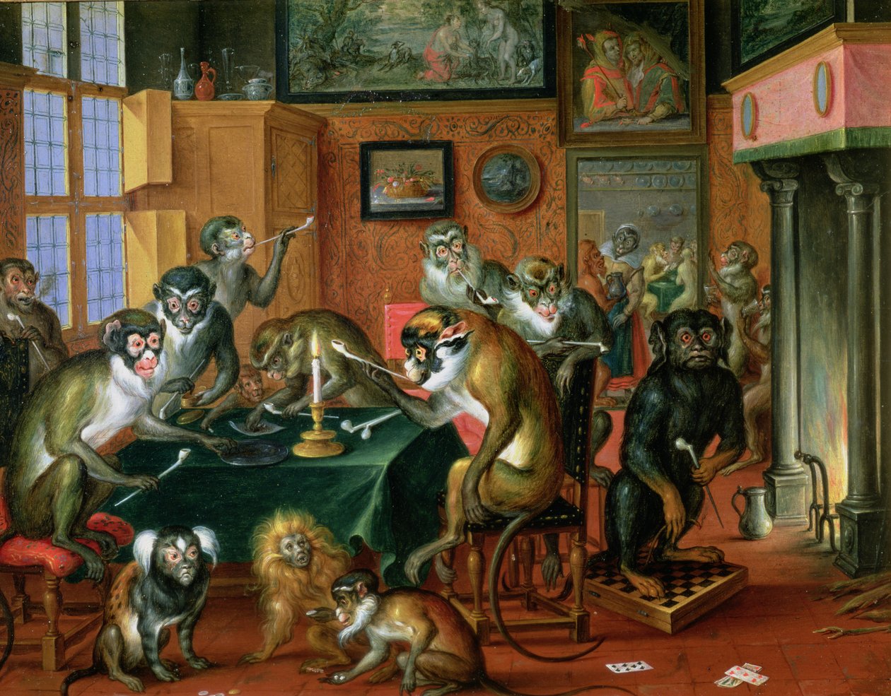 Rökrummet med apor (olja på koppar) av Abraham Teniers