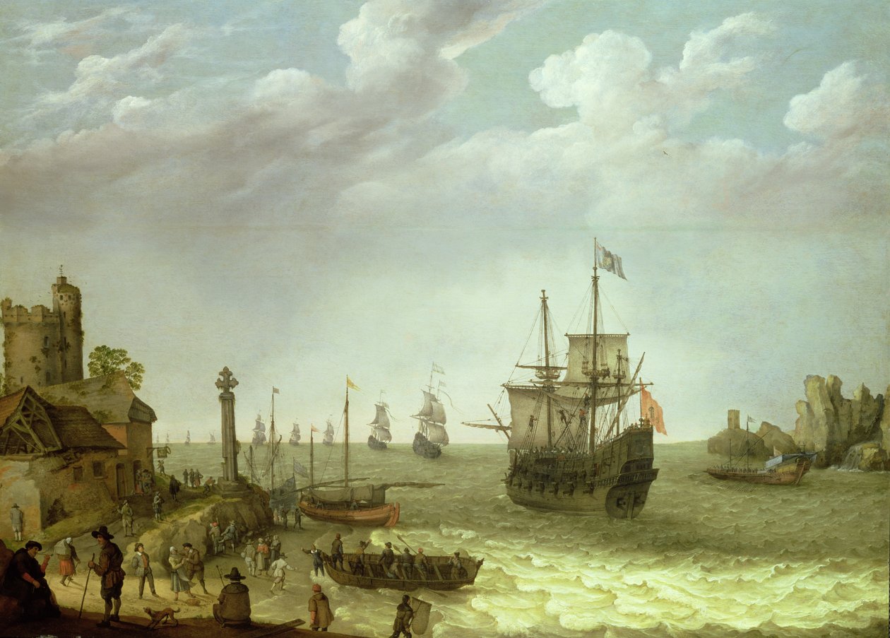 Bosättning på en stenig strand med den holländska flottan närmar sig, 1640 av Abraham Willaerts