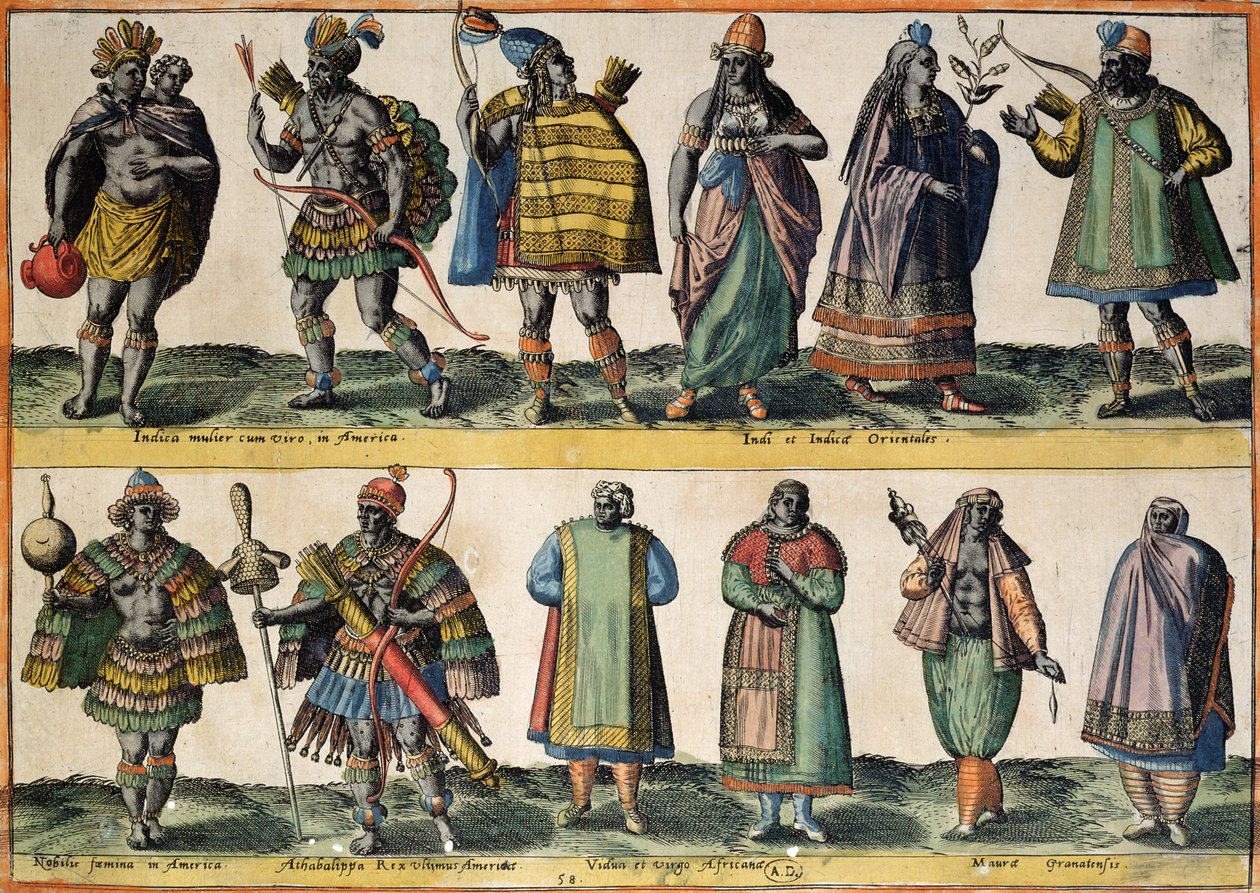 Nordamerikanska indianer, indiska och orientaliska dräkter, sydamerikanska indianer samt afrikanska och moriska dräkter, från "Costumes of Different Nations of Europe, Asia, Africa and America", publicerad 1581. av Abraham de Bruyn