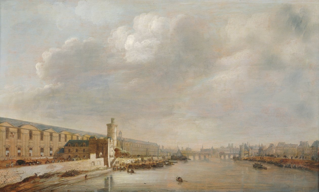 Louvre Grande Galerie, utsikt över Paris från Barbier-bron (uppströms), ca 1640 (olja på trä) av Abraham de Verwer