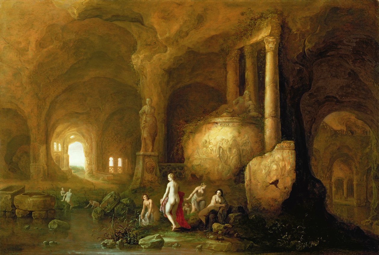 Nymfer som badar av klassiska ruiner av Abraham van Cuylenborch