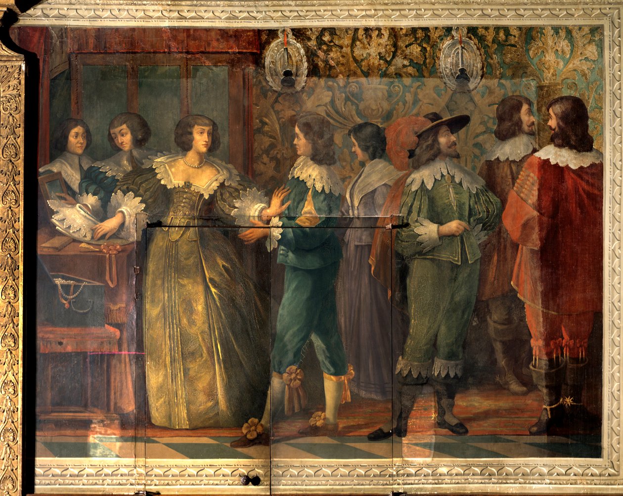 Scen av Charles de Valois (1573-1650), hertigen av Angouleme - Festscen ges i samband med Charles de Valois äktenskap med hans andra fru 1644 - En kvinna, kontaktad av en hovman, griper för att sätta henne krage - Fresco av Abrah av Abraham (after) Bosse