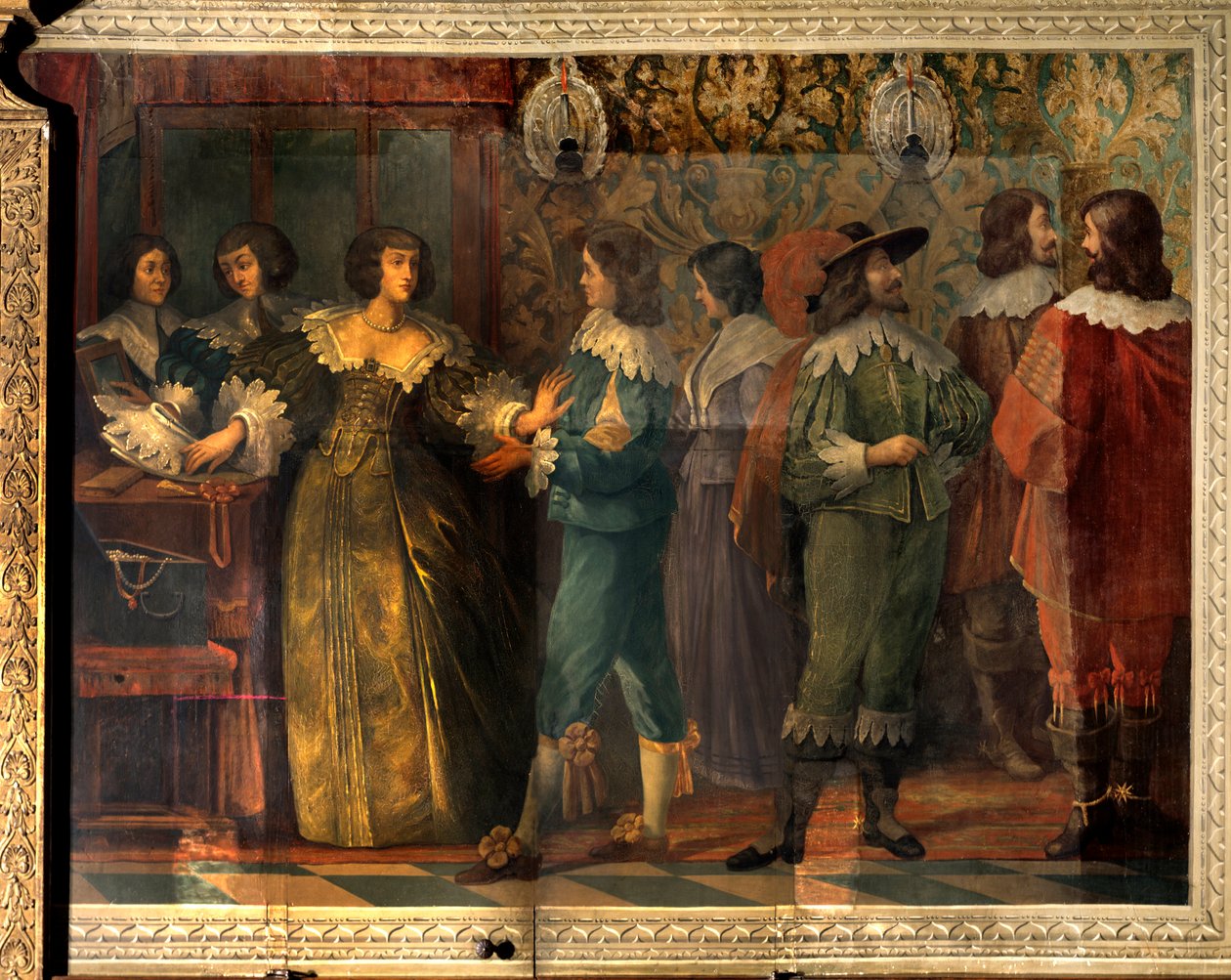 Scen av Charles de Valois (1573-1650), hertigen av Angouleme - Festscen ges i samband med Charles de Valois äktenskap med hans andra fru 1644 - En kvinna, kontaktad av en hovman, griper för att sätta henne krage - Fresco av Abrah av Abraham (after) Bosse