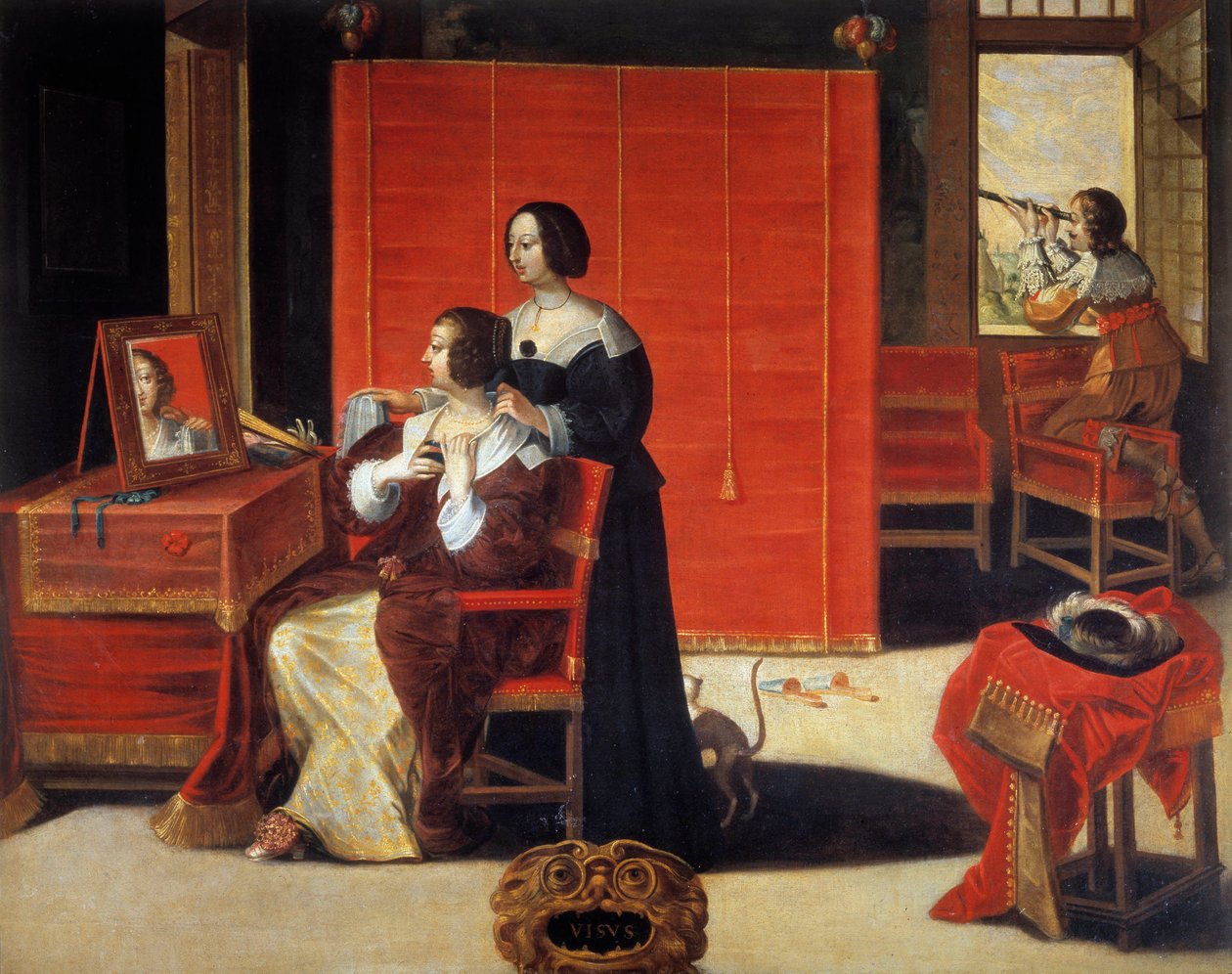 The Five Senses: The View En ung kvinna framför sin spegel medan en man använder en astronomisk ram. Målning av Abraham Bosse (1602-1676). 1600-talet. Rundturer, Museum of Fine Arts av Abraham (after) Bosse