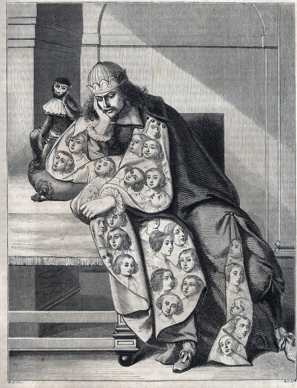 Mannen fylld med illvilja: en man med en dubbel kappa av kvinnohuvuden mediterar med en apa vid sin sida. Reproduktion av ett tryck av Abraham Bosse (1604-1676). av Abraham (after) Bosse