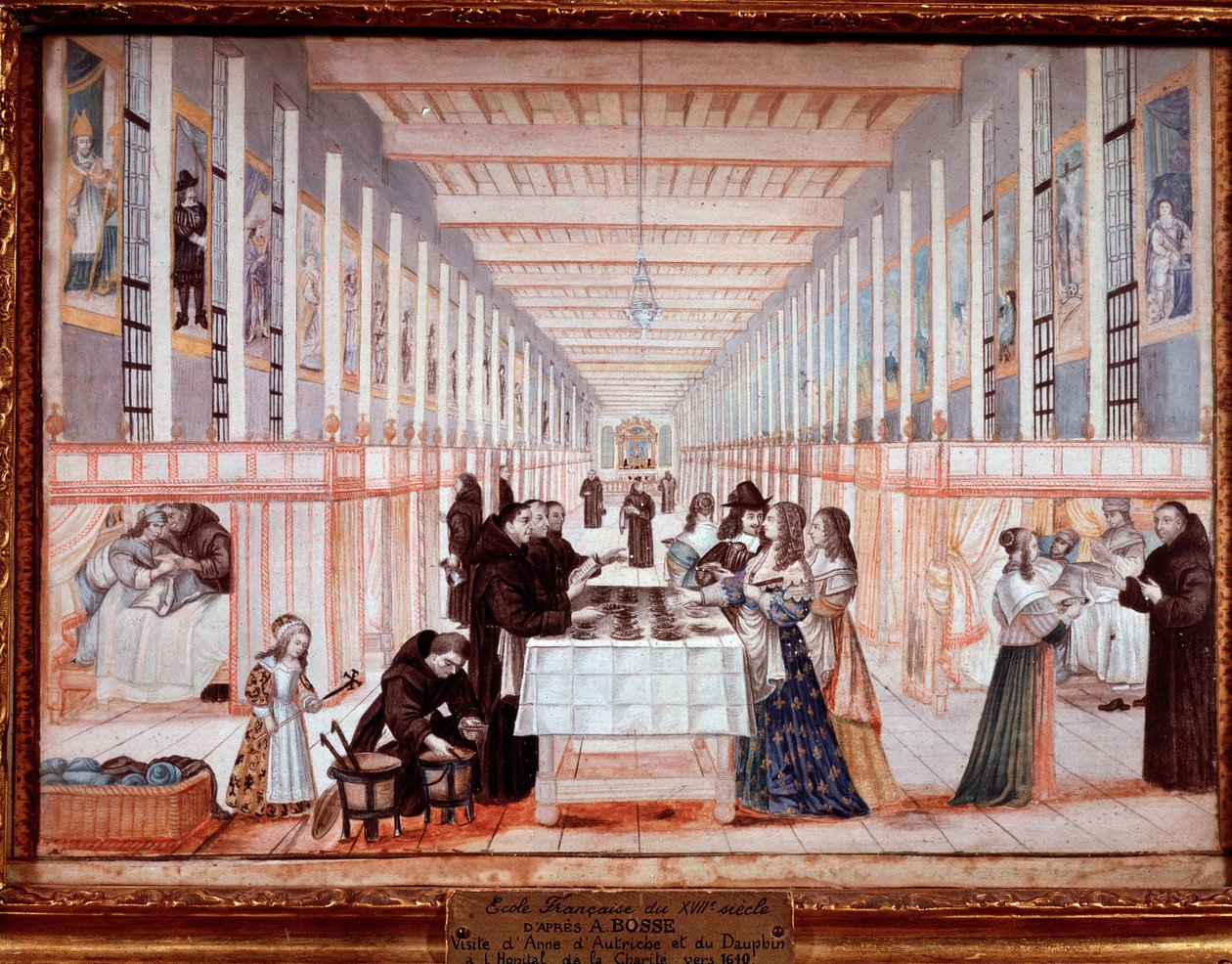 Besök av Anne av Österrike på Hospital of the Sisters of Charity. Med delfinen (senare Ludvig IV) (gouache, ca 1640) av Abraham (after) Bosse