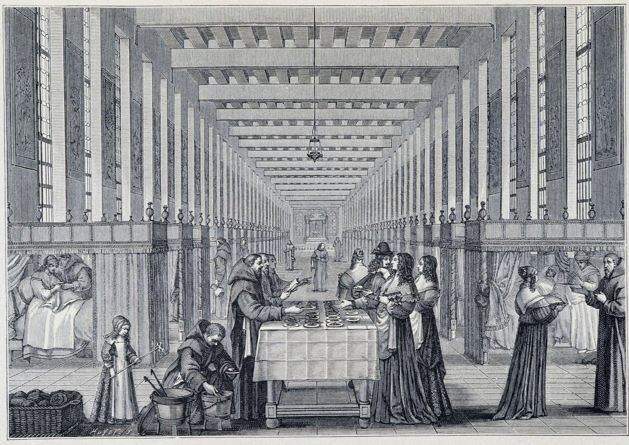 Interiörvy av sjukstugan i Hôital de la Charite (även kallat sjukhuset för Freres-de-Saint-Jean-de-Dieu), i Paris - Gravyr efter Abraham Bosse (1602-1676) - publicerad i "" 1600-talet - Institutioner: bruk och dräkter, Frankrike 1590-1 av Abraham (after) Bosse