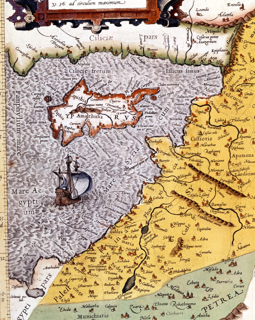 Historisk geografisk karta över Palestina enligt Atlas of Abraham Ortelius, Amsterdam av Abraham (after) Ortelius