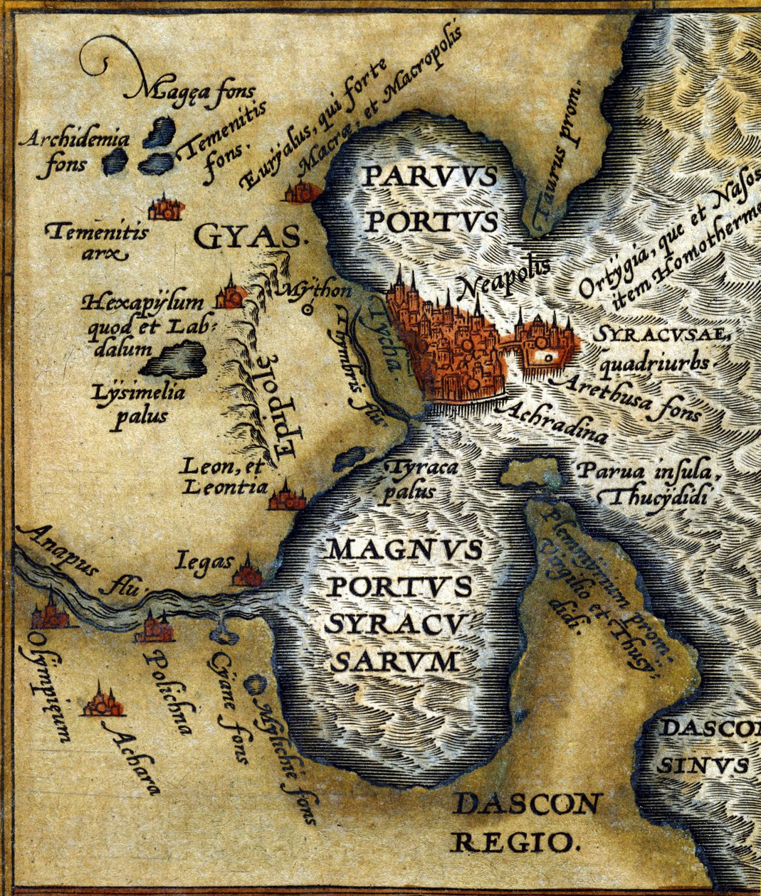 Den antika hamnen i Syrakusa på Sicilien efter Abraham Ortelius "atlas". av Abraham (after) Ortelius
