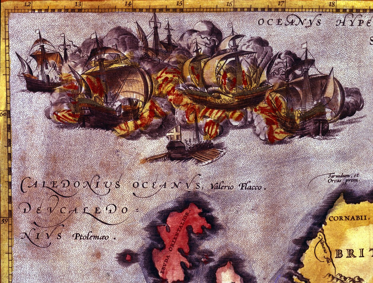 Slutet på Skottlands Invincible Armada. Enligt Atlas of Abraham Ortelius, Antwerpen av Abraham (after) Ortelius