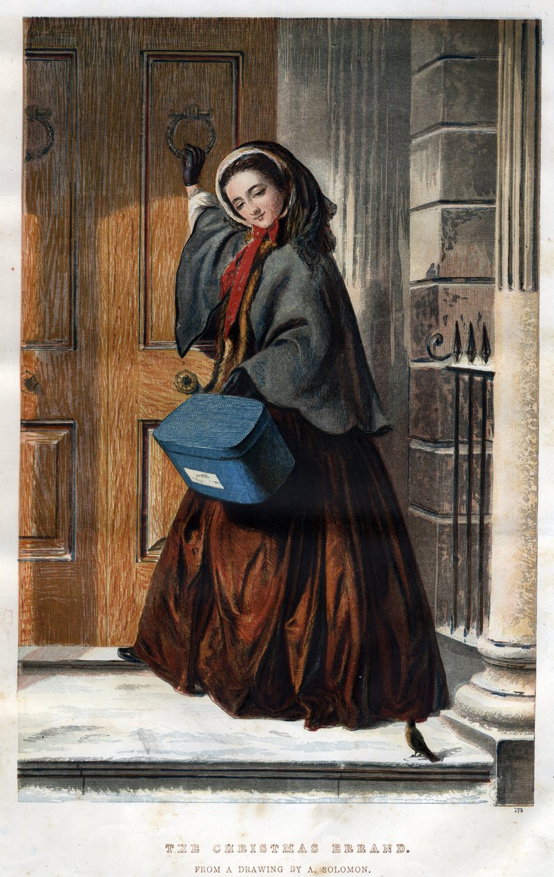 Jullopp: en elegant ung kvinna knackar på dörren till ett hus med ett paket i handen, illustration från en teckning av Abraham Solomon (1824-1862) av Abraham (after) Solomon