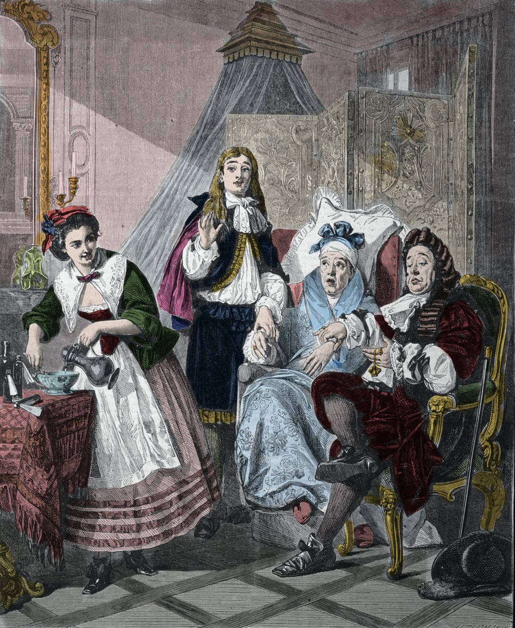 "Le Malade imaginaire" av Jean-Baptiste Poquelin kallad Moliere (1622-1673): scen 9, akt II. Gravyr efter målningen av Abraham Solomon (1824-1862) från 1861. av Abraham (after) Solomon