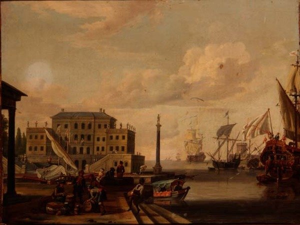 En capriccio av en Medelhavshamn med köpmän och sjöfart för ankar av Abraham (follower of) Storck