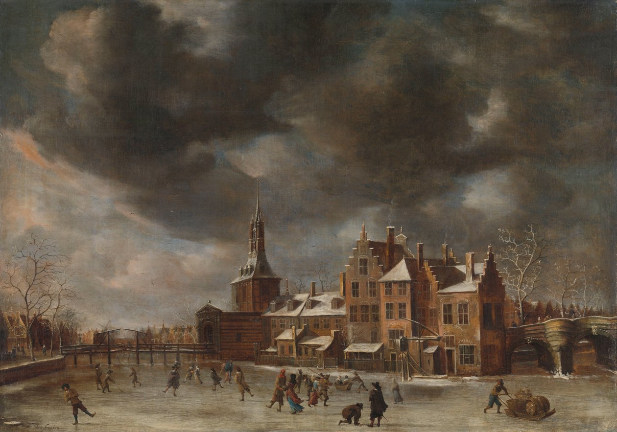 Blauwpoort i Leiden på vintern av Abraham Beerstraten