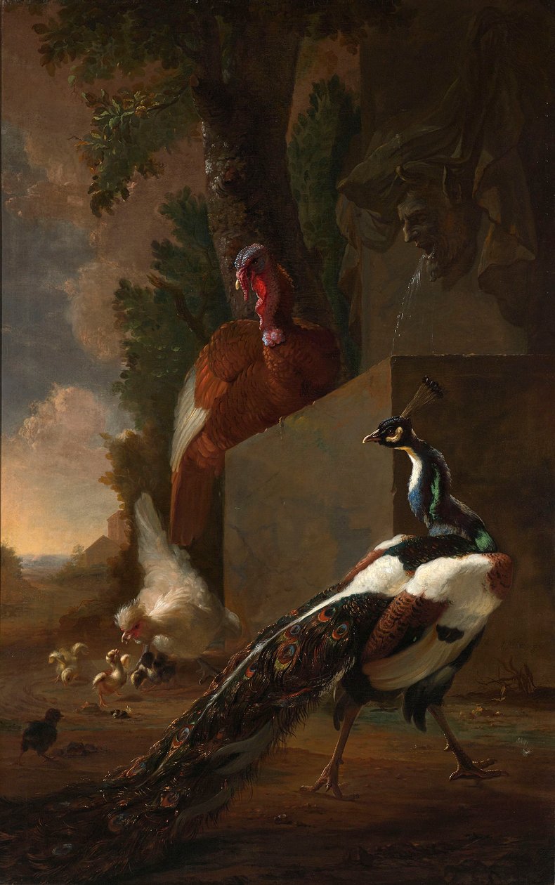 En påfågel, kalkon och kyckling med sina kycklingar bredvid en klassisk fontän i ett landskap av Abraham Bisschop