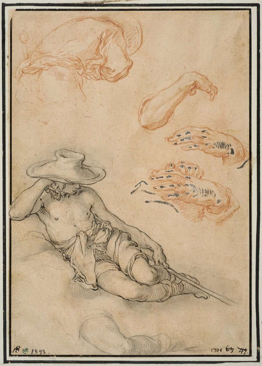En vilande herde, separata studier av hans ben och arm, en man sedd bakifrån och två händer av Abraham Bloemaert
