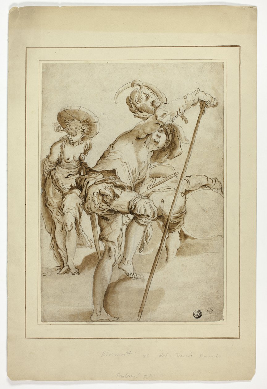 En stående soldat, en stående kvinna och en böjd trumslagare av Abraham Bloemaert