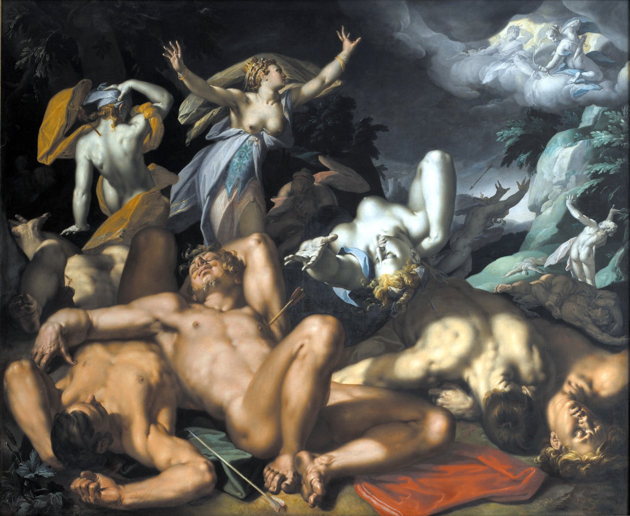 Danska: Apollo och Diana straffar Niobe genom att döda hennes barn Apollo och Diana straffar Niobe genom att döda hennes barn av Abraham Bloemaert