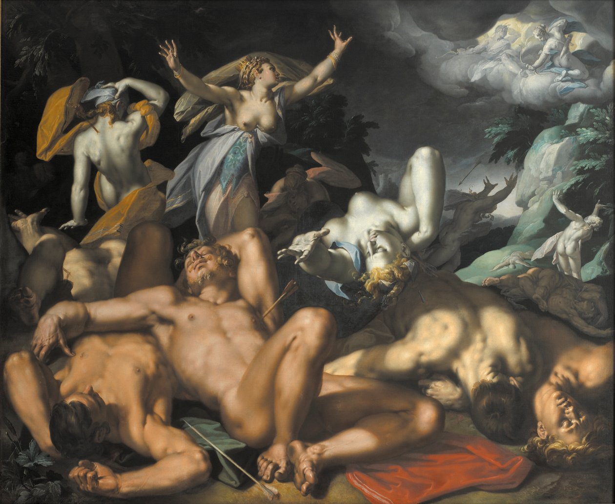 Danska: Apollo och Diana straffar Niobe genom att döda hennes barn Apollo och Diana straffar Niobe genom att döda hennes barn av Abraham Bloemaert