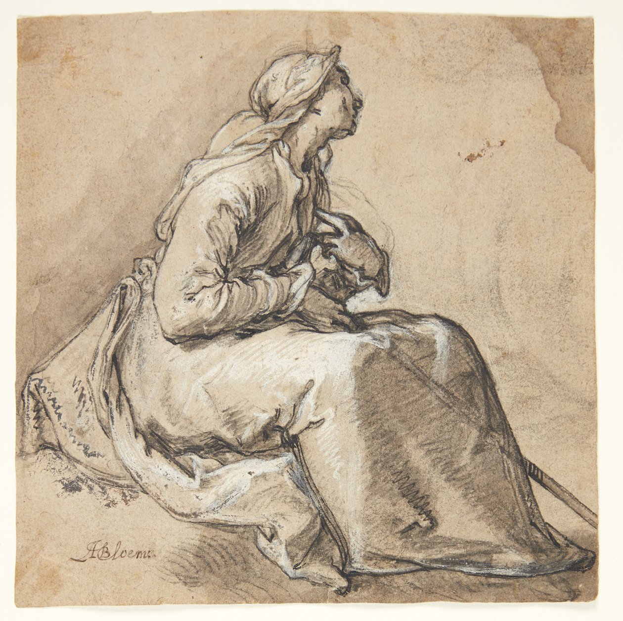 En sittande kvinna vänd åt höger, i en ställning av ödmjukhet i bön av Abraham Bloemaert