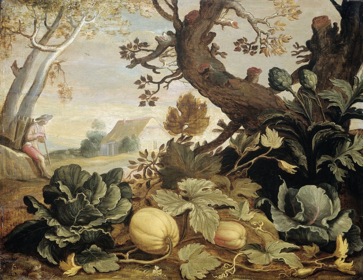 Landskap med frukt och grönsaker i förgrunden av Abraham Bloemaert