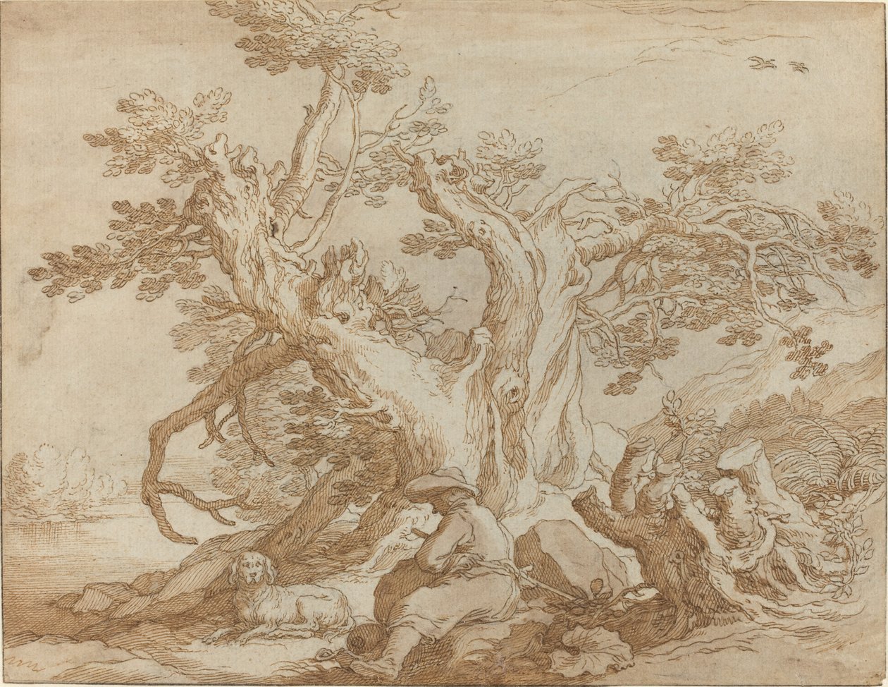Landskap med sittande figur och hund av Abraham Bloemaert