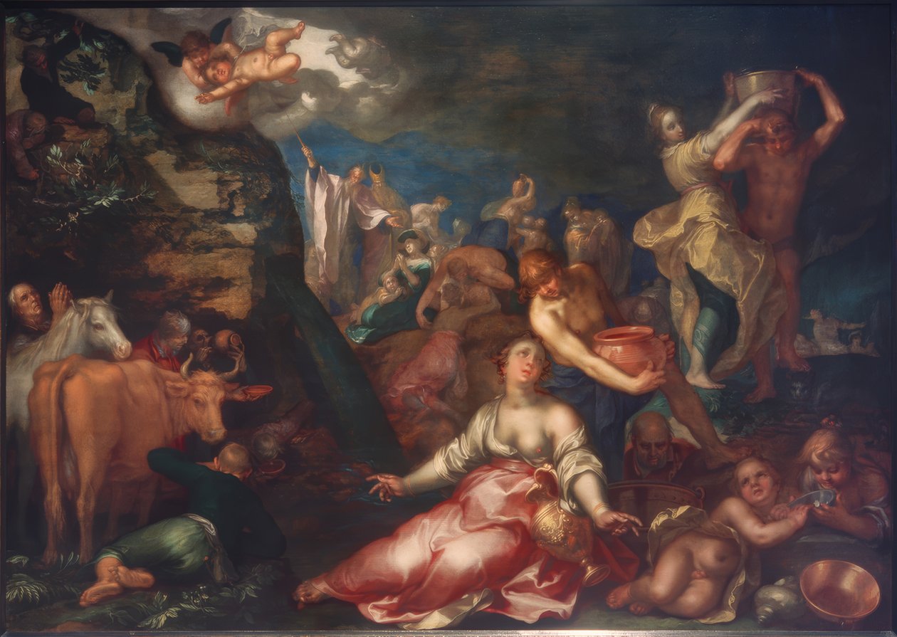Moses slår ut vatten ur klippan av Abraham Bloemaert