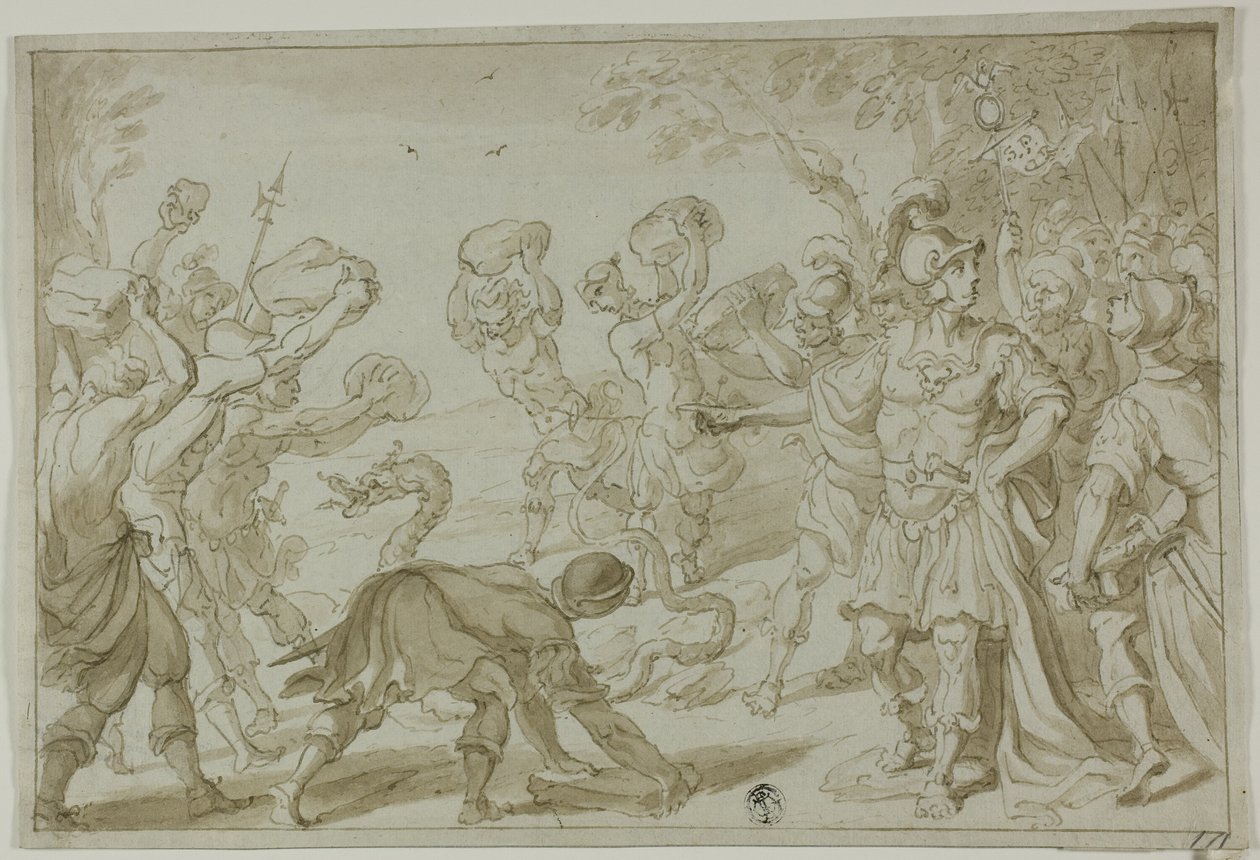 Romerska soldater stenar en orm av Abraham Bloemaert