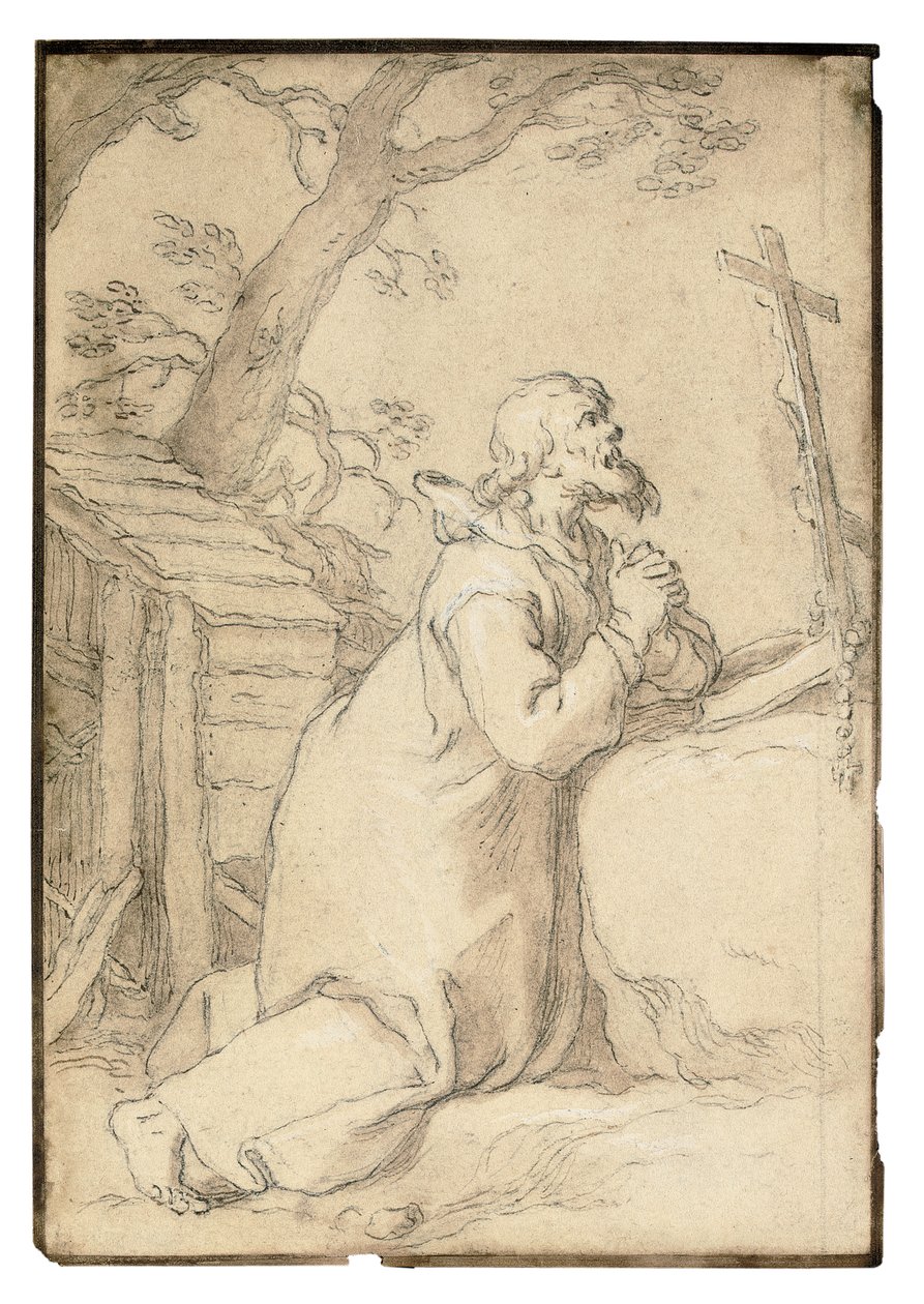 Saint Paul of Phermae knäböjer i bön framför ett krucifix (svart krita, penna och brunt bläck, brun tvätt) av Abraham Bloemaert