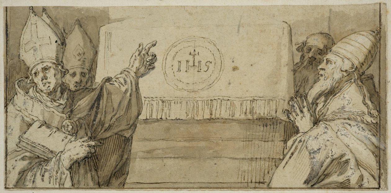 De fyra latinska kyrkofäderna framför ett altare av Abraham Bloemaert