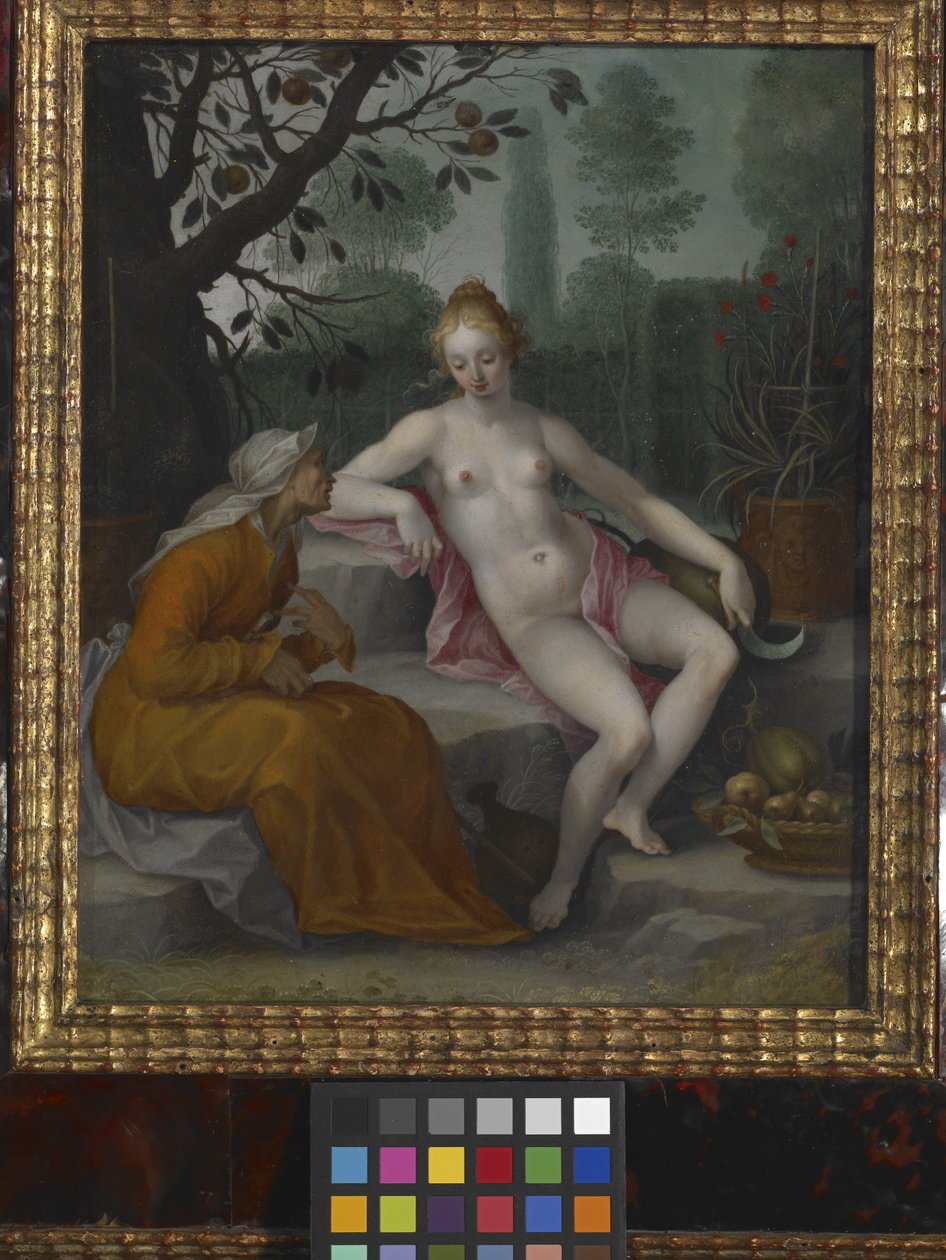 Vertumnus And Pomona (olja på koppar) av Abraham Bloemaert