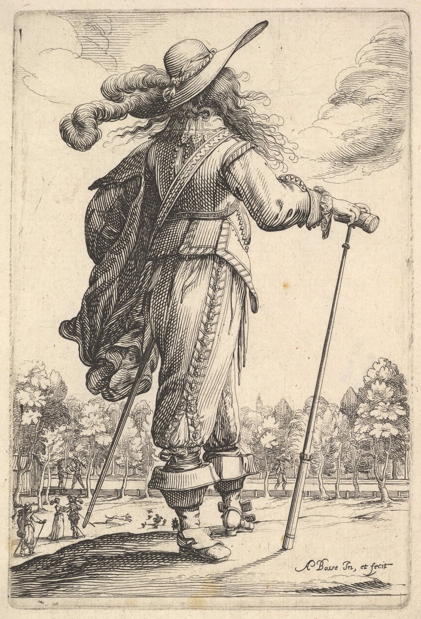 En herre, sedd bakifrån, gående åt höger med käpp och iklädd en plymer ..., 1629. av Abraham Bosse