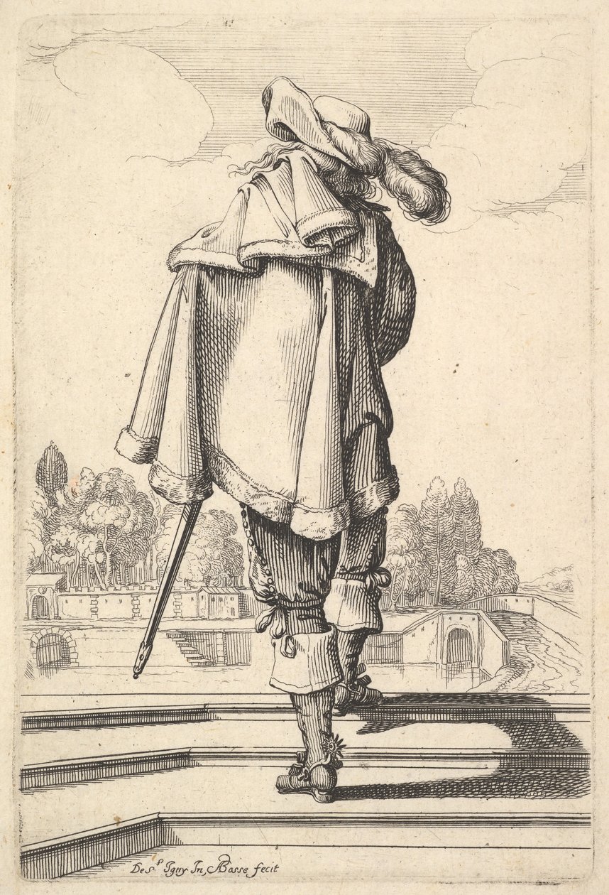 En gentleman, sedd bakifrån, gå uppför ett bröstvärn, med en mantel över sin vänstra axel..., 1629. av Abraham Bosse